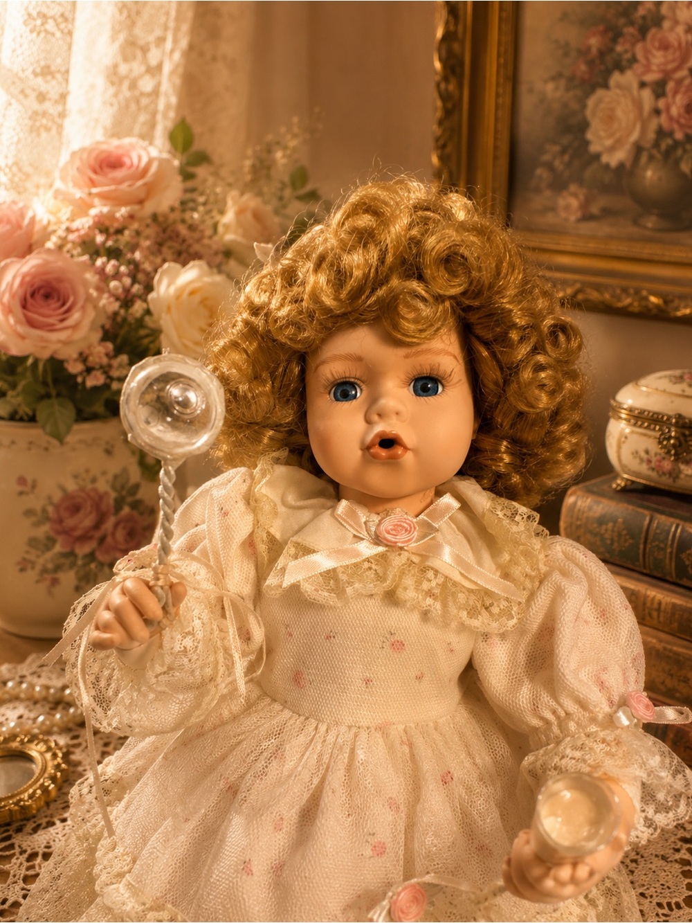 Porcelain-Style Curly-Haired Doll in Cream Dress with Pink Rose Accents